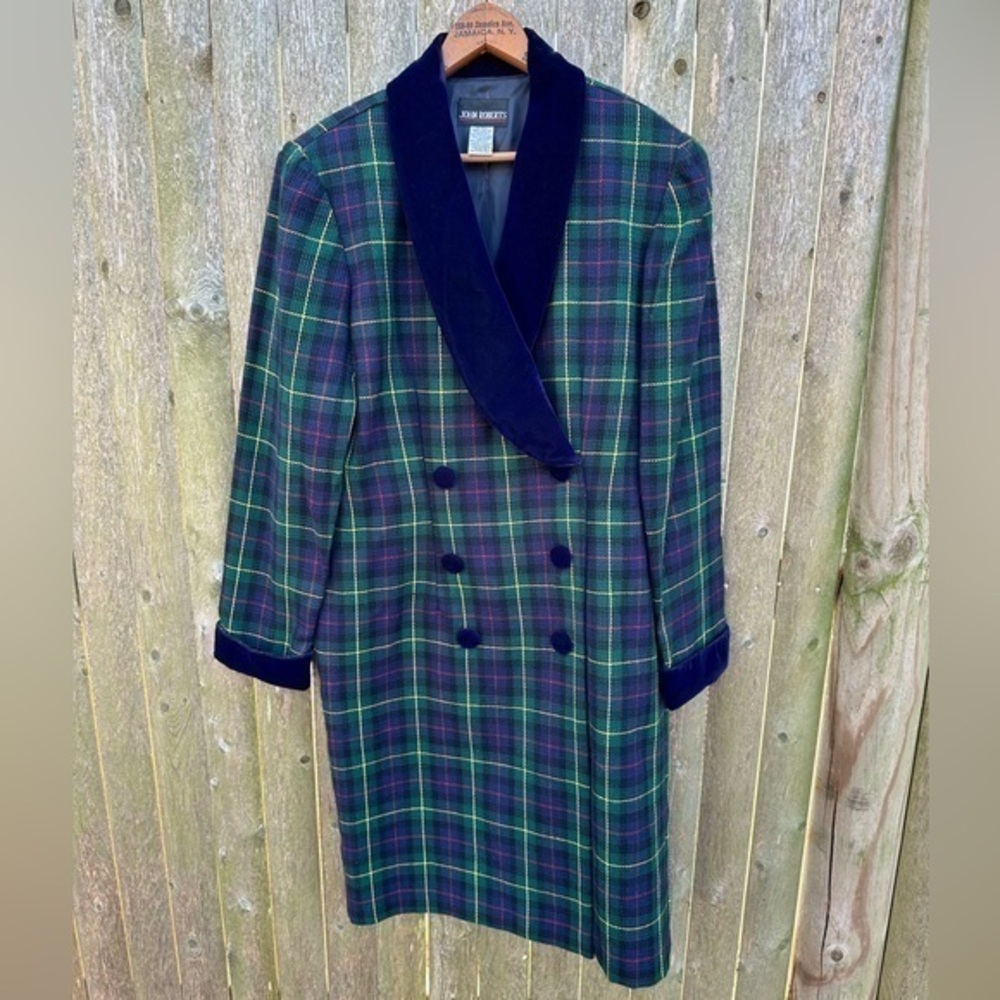 John Roberts Women’s Vintage Green/Navy Plaid & Velvet Dress Coat‎ (Size 6)